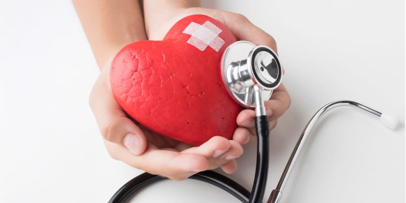 A person's hands gently hold a red heart with a stethoscope, symbolizing the Porunai Cardiac Package.