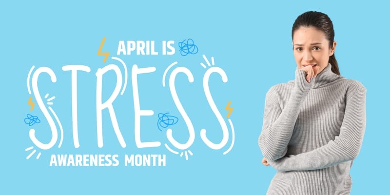 Anxious girl with stress lines, promoting Stress Awareness Month in April.